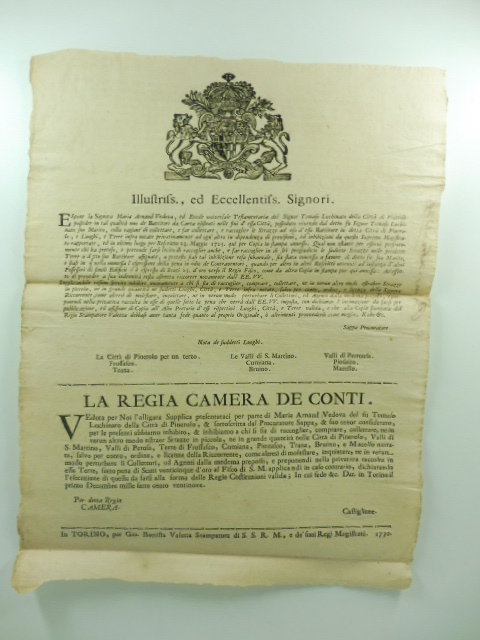 Illustriss. ed Eccellentiss. Signori. Espone la Signora Maria Arnaud vedova ed erede universale testamentaria del Signor Tomaso Luchinato della città di Pinerolo posseder in tal qualità uno dei battitori da carta esistenti nelle fini d'essa città...